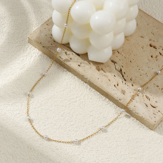 Bild von 1 Strang 18K Echtgold plattiert Perlenkette Halskette, 304 Edelstahl & Acryl 45cm + 5cm, Kettengröße: 1.4mm, Für Frauen, Weiß Acryl Imitat Perle, Minimalistisch Exquisit Geschenk, Umweltfreundlich