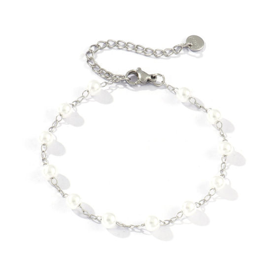 Picture of 1 Piece Eco-friendly Dainty Exquisite Silver Tone White 304 Stainless Steel & Acrylic Beaded Chain Bracelets For Women Gift 18cm(7.1") long