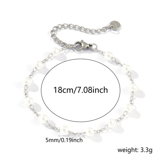 Picture of 1 Piece Eco-friendly Dainty Exquisite Silver Tone White 304 Stainless Steel & Acrylic Beaded Chain Bracelets For Women Gift 18cm(7.1") long