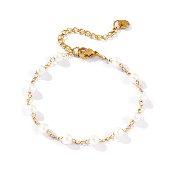 Picture of 1 Piece Eco-friendly PVD Vacuum Plating Dainty Exquisite 18K Real Gold Plated White 304 Stainless Steel & Acrylic Beaded Chain Bracelets For Women Gift 18cm(7.1") long