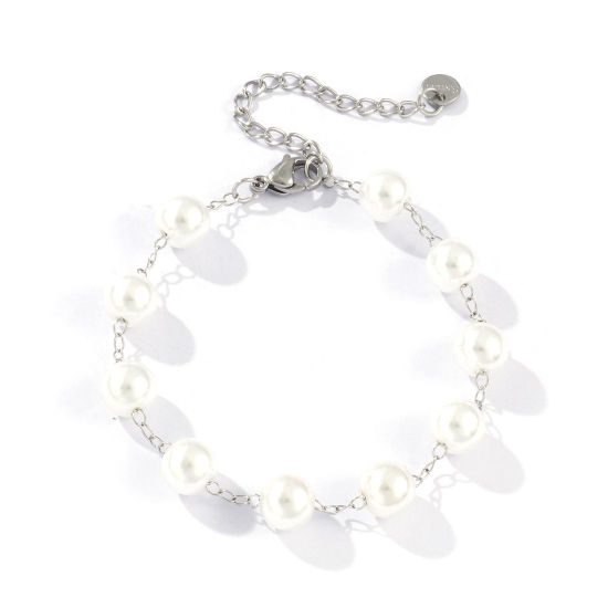Picture of 1 Piece Eco-friendly Dainty Exquisite Silver Tone White 304 Stainless Steel & Acrylic Beaded Chain Bracelets For Women Gift 18cm(7.1") long