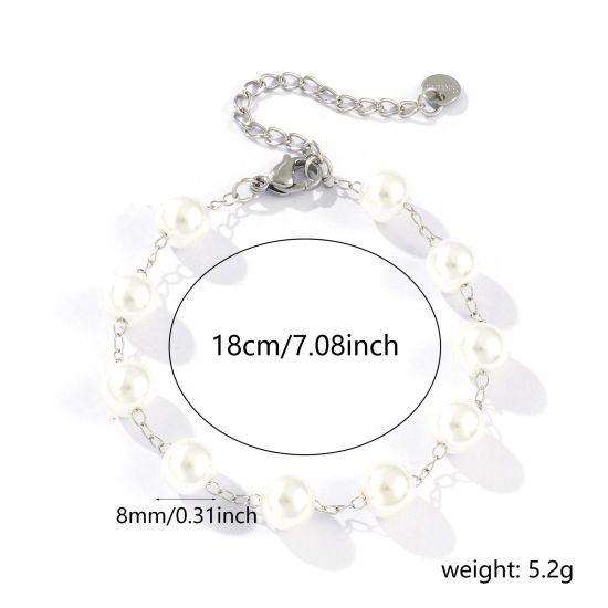 Picture of 1 Piece Eco-friendly Dainty Exquisite Silver Tone White 304 Stainless Steel & Acrylic Beaded Chain Bracelets For Women Gift 18cm(7.1") long