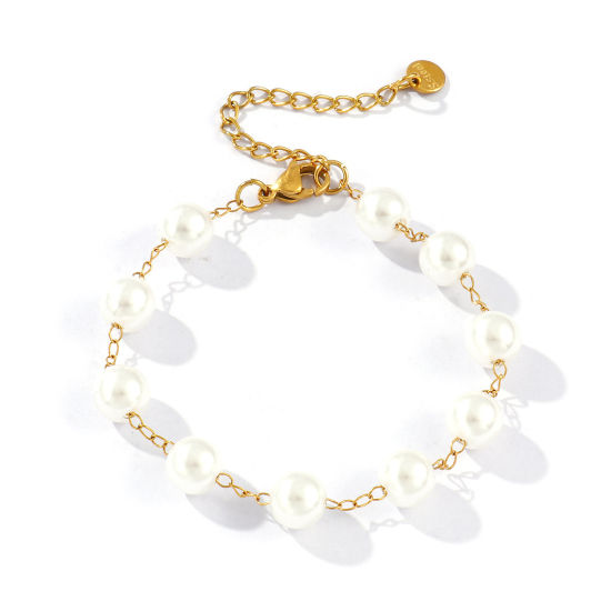 Picture of 1 Piece Eco-friendly PVD Vacuum Plating Dainty Exquisite 18K Real Gold Plated White 304 Stainless Steel & Acrylic Beaded Chain Bracelets For Women Gift 18cm(7.1") long