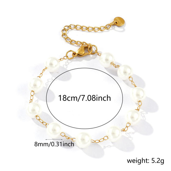 Picture of 1 Piece Eco-friendly PVD Vacuum Plating Dainty Exquisite 18K Real Gold Plated White 304 Stainless Steel & Acrylic Beaded Chain Bracelets For Women Gift 18cm(7.1") long