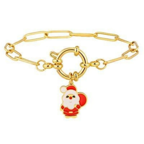 Immagine di 1 Piece Eco-friendly Stylish Exquisite 18K Gold Plated Red 201 Stainless Steel Link Cable Chain Christmas Santa Claus Enamel Charm Bracelets For Women Gift 18cm(7.1") long