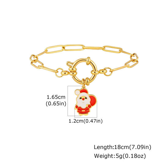 Immagine di 1 Piece Eco-friendly Stylish Exquisite 18K Gold Plated Red 201 Stainless Steel Link Cable Chain Christmas Santa Claus Enamel Charm Bracelets For Women Gift 18cm(7.1") long