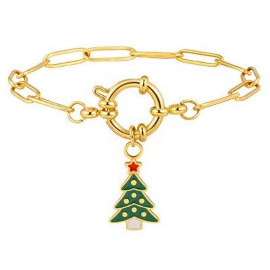 Immagine di 1 Piece Eco-friendly Stylish Exquisite 18K Gold Plated Green 201 Stainless Steel Link Cable Chain Christmas Tree Enamel Charm Bracelets For Women Gift 18cm(7.1") long