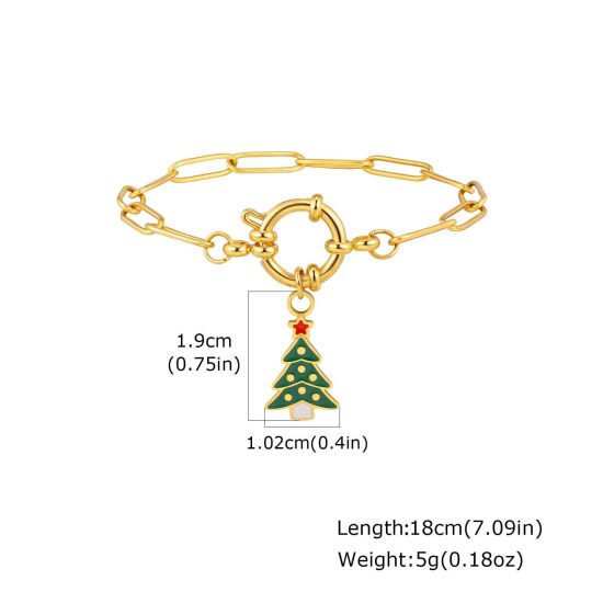 Immagine di 1 Piece Eco-friendly Stylish Exquisite 18K Gold Plated Green 201 Stainless Steel Link Cable Chain Christmas Tree Enamel Charm Bracelets For Women Gift 18cm(7.1") long