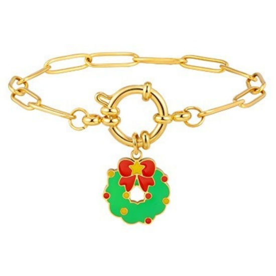Immagine di 1 Piece Eco-friendly Stylish Exquisite 18K Gold Plated Green 201 Stainless Steel Link Cable Chain Christmas Wreath Enamel Charm Bracelets For Women Gift 18cm(7.1") long
