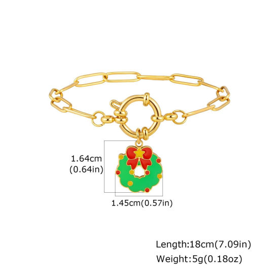 Immagine di 1 Piece Eco-friendly Stylish Exquisite 18K Gold Plated Green 201 Stainless Steel Link Cable Chain Christmas Wreath Enamel Charm Bracelets For Women Gift 18cm(7.1") long