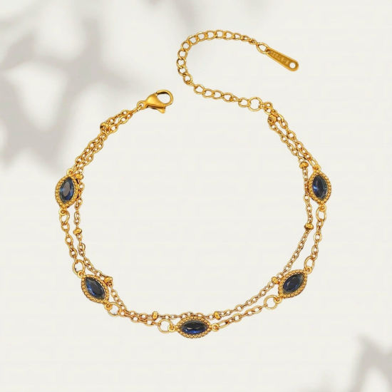 Picture of 1 Piece Vacuum Plating Stylish Exquisite 18K Real Gold Plated Blue 304 Stainless Steel & Rhinestone Bracelets For Women Gift 17cm(6.7") long