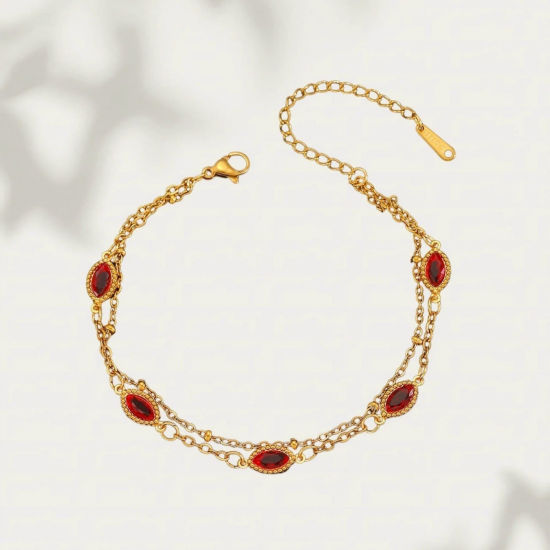 Picture of 1 Piece Vacuum Plating Stylish Exquisite 18K Real Gold Plated Red 304 Stainless Steel & Rhinestone Bracelets For Women Gift 17cm(6.7") long