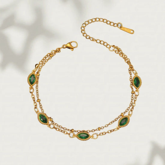 Picture of 1 Piece Vacuum Plating Stylish Exquisite 18K Real Gold Plated Green 304 Stainless Steel & Rhinestone Bracelets For Women Gift 17cm(6.7") long