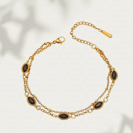 Picture of 1 Piece Vacuum Plating Stylish Exquisite 18K Real Gold Plated Black 304 Stainless Steel & Rhinestone Bracelets For Women Gift 17cm(6.7") long