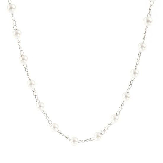 Изображение 1 ШТ Серебряный Тон Цепочка из бисера Ожерелья, 304 Нержавеющая Сталь & Акрил 42см + 5см, Размер цепи: 5мм, Для женщин, Белый Простой & повседневный Изысканный подарок, Экологичный