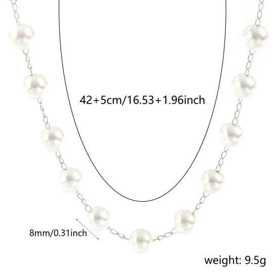 Изображение 1 ШТ Серебряный Тон Цепочка из бисера Ожерелья, 304 Нержавеющая Сталь & Акрил 42см + 5см, Размер цепи: 8мм, Для женщин, Белый Простой & повседневный Изысканный подарок, Экологичный