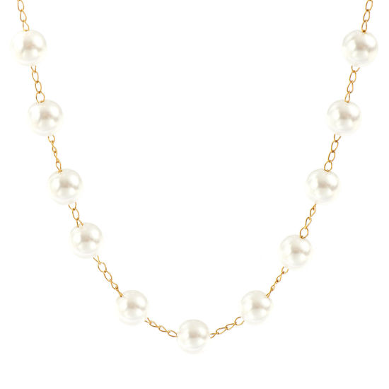 Изображение 1 ШТ 18K настоящее золото с покрытием Цепочка из бисера Ожерелья, 304 Нержавеющая Сталь & Акрил 42см + 5см, Размер цепи: 8мм, Для женщин, Белый Простой & повседневный Изысканный подарок, Экологичное вакуумное PVD-покрытие