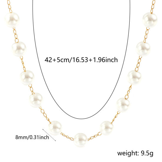 Изображение 1 ШТ 18K настоящее золото с покрытием Цепочка из бисера Ожерелья, 304 Нержавеющая Сталь & Акрил 42см + 5см, Размер цепи: 8мм, Для женщин, Белый Простой & повседневный Изысканный подарок, Экологичное вакуумное PVD-покрытие