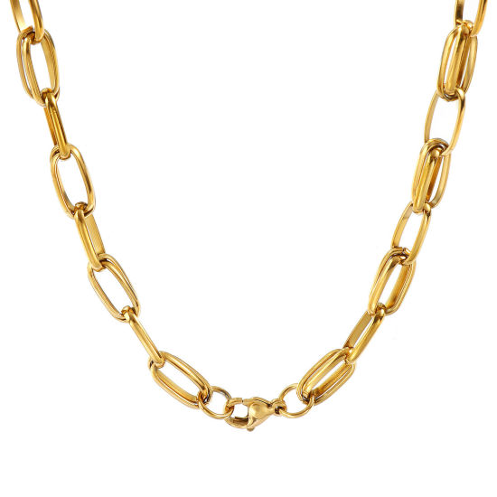 Imagen de 1 Unidad 18K Oro Real Chapado Cadena de Eslabones Hechos a Mano Collares, 304 Acero Inoxidable 40cm + 5cm, Tamaño de la cadena: 7mm, Para Mujeres, Sencillo & Casual Exquisito Regalo, Recubrimiento al Vacío PVD Ecológico