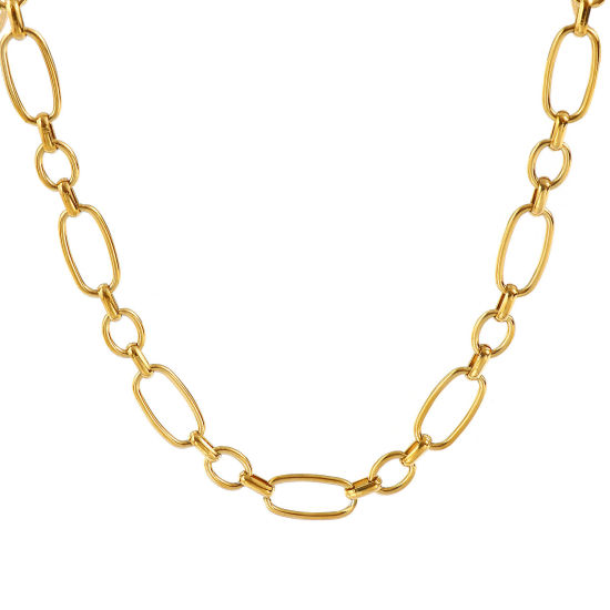 Imagen de 1 Unidad 18K Oro Real Chapado Cadena de Eslabones Hechos a Mano Collares, 304 Acero Inoxidable 40cm + 5cm, Tamaño de la cadena: 8mm, Para Mujeres, Sencillo & Casual Exquisito Regalo, Recubrimiento al Vacío PVD Ecológico