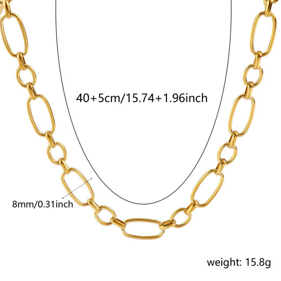 Imagen de 1 Unidad 18K Oro Real Chapado Cadena de Eslabones Hechos a Mano Collares, 304 Acero Inoxidable 40cm + 5cm, Tamaño de la cadena: 8mm, Para Mujeres, Sencillo & Casual Exquisito Regalo, Recubrimiento al Vacío PVD Ecológico