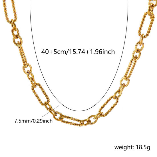 Imagen de 1 Unidad 18K Oro Real Chapado Cadena de Eslabones Hechos a Mano Collares, 304 Acero Inoxidable 40cm + 5cm, Tamaño de la cadena: 7.5mm, Para Mujeres, Sencillo & Casual Exquisito Regalo, Recubrimiento al Vacío PVD Ecológico