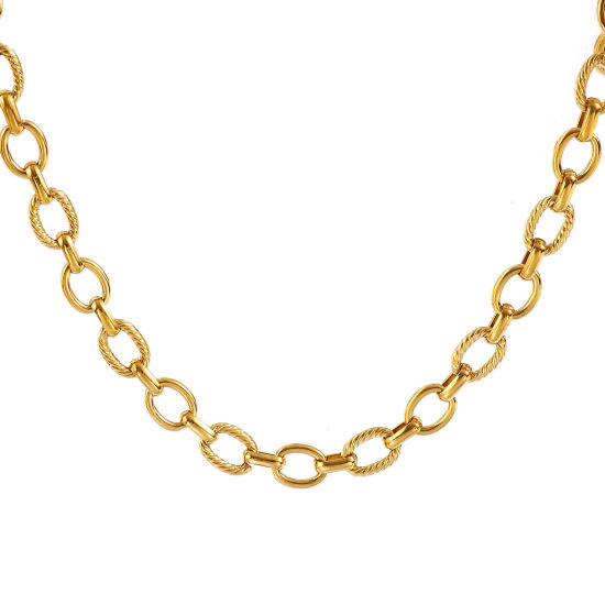 Imagen de 1 Unidad 18K Oro Real Chapado Cadena de Eslabones Hechos a Mano Collares, 304 Acero Inoxidable 40cm + 5cm, Tamaño de la cadena: 7mm, Para Mujeres, Sencillo & Casual Exquisito Regalo, Recubrimiento al Vacío PVD Ecológico