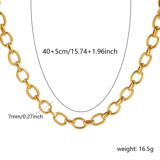 Imagen de 1 Unidad 18K Oro Real Chapado Cadena de Eslabones Hechos a Mano Collares, 304 Acero Inoxidable 40cm + 5cm, Tamaño de la cadena: 7mm, Para Mujeres, Sencillo & Casual Exquisito Regalo, Recubrimiento al Vacío PVD Ecológico