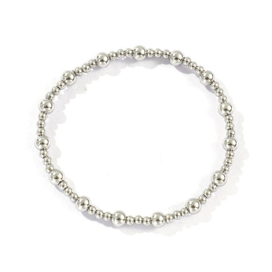 Picture of Wholesale Elastic 3mm+5mm 304 Stainless Steel Beaded Bubble Bracelets, Silver Tone Eco-friendly, Unisex Simple Dainty Gift Jewelry Supply, 17.5cm(6 7/8") long, 1 Piece