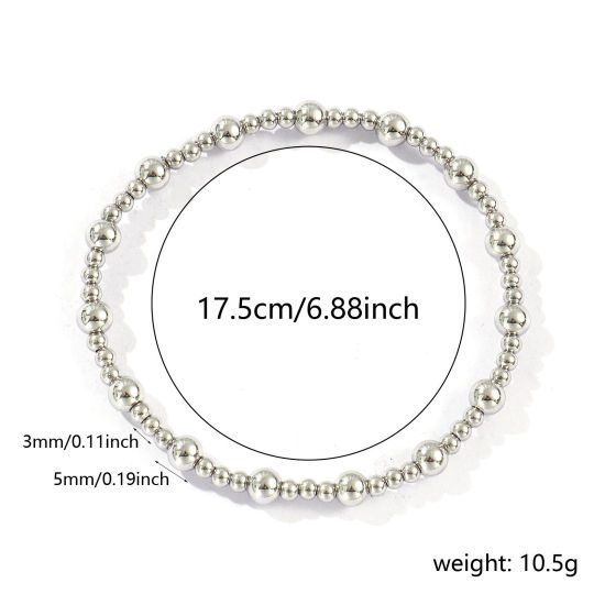 Picture of Wholesale Elastic 3mm+5mm 304 Stainless Steel Beaded Bubble Bracelets, Silver Tone Eco-friendly, Unisex Simple Dainty Gift Jewelry Supply, 17.5cm(6 7/8") long, 1 Piece