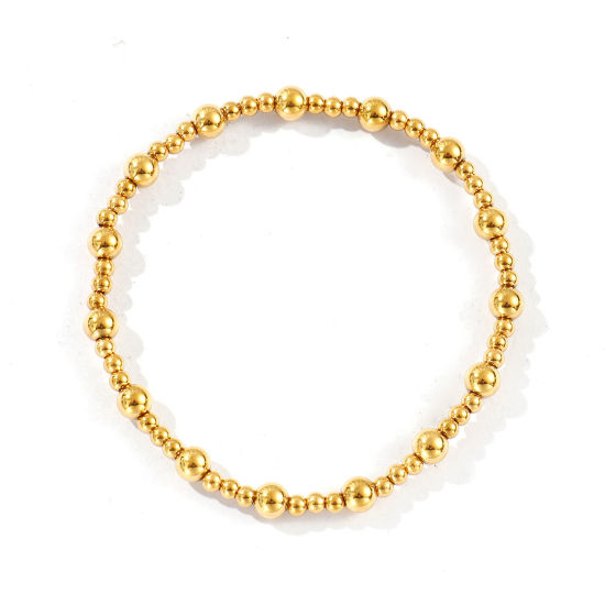 Picture of Wholesale Elastic 3mm+5mm 304 Stainless Steel Beaded Bubble Bracelets, 18K Gold Plated Eco-friendly PVD Vacuum Plating, Unisex Simple Dainty Gift Jewelry Supply, 17.5cm(6 7/8") long, 1 Piece