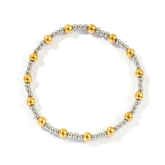 Picture of Wholesale Elastic 3mm+5mm 304 Stainless Steel Beaded Bubble Bracelets, Silver Tone & 18K Gold Plated Eco-friendly PVD Vacuum Plating, Unisex Simple Dainty Gift Jewelry Supply, 17.5cm(6 7/8") long, 1 Piece