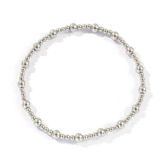 Picture of Wholesale Elastic 3mm+5mm 304 Stainless Steel Beaded Bubble Bracelets, Silver Tone Eco-friendly, Unisex Simple Dainty Gift Jewelry Supply, 20cm(7.9") long, 1 Piece