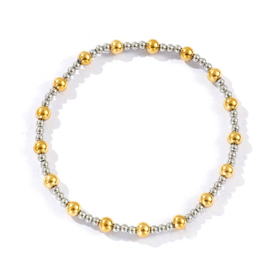 Picture of Wholesale Elastic 3mm+5mm 304 Stainless Steel Beaded Bubble Bracelets, Silver Tone & 18K Gold Plated Eco-friendly PVD Vacuum Plating, Unisex Simple Dainty Gift Jewelry Supply, 20cm(7.9") long, 1 Piece