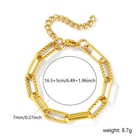 卸売り 304ステンレス鋼 ペーパークリップチェーン ブレスレット、 18Kゴールドメッキ エコフレンドリー、 レディース シンプル ファッション おしゃれ プレゼント宝飾の供給 16.5cm長さ、 チェーンサイズ: 7mm、 1 本 の画像