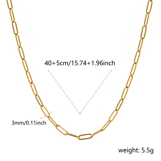 Imagen de Plano Collares Al Por Mayor, Catena di Fermagli 18K Oro Real Chapado 304 Acero Inoxidable, Unisex PVD Ecológico Impermeable Antioxidante Hipoalergénico Elegante Minimalista Regalo Joyería Para Minorista, 40cm + 5cm longitud, Tamaño de la Cadena: 9x3mm, 1 Unidad