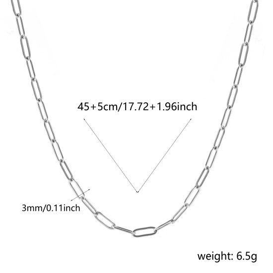 Imagen de Plano Collares Al Por Mayor, Catena di Fermagli Tono de Plata 304 Acero Inoxidable, Unisex Respetuoso del Medio Ambiente Elegante Minimalista Regalo Joyería Para Minorista, 45cm + 5cm longitud, Tamaño de la Cadena: 9x3mm, 1 Unidad