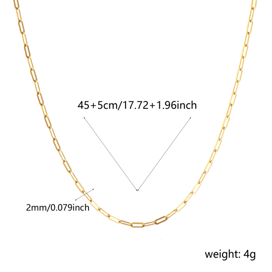 Imagen de Plano Collares Al Por Mayor, Catena di Fermagli 18K Oro Real Chapado 304 Acero Inoxidable, Unisex PVD Ecológico Impermeable Antioxidante Hipoalergénico Elegante Minimalista Regalo Joyería Para Minorista, 45cm + 5cm longitud, Tamaño de la Cadena: 5x2mm, 1 Unidad