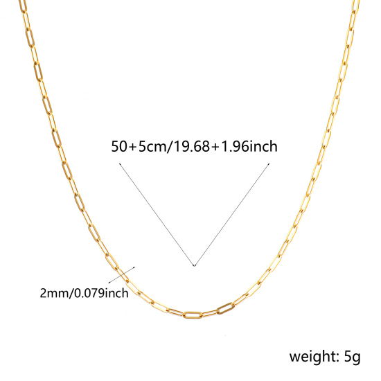 Imagen de Plano Collares Al Por Mayor, Catena di Fermagli 18K Oro Real Chapado 304 Acero Inoxidable, Unisex PVD Ecológico Impermeable Antioxidante Hipoalergénico Elegante Minimalista Regalo Joyería Para Minorista, 50cm + 5cm longitud, Tamaño de la Cadena: 5x2mm, 1 Unidad