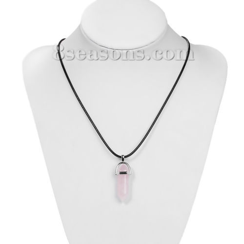 Изображение (Сорт B) Новая мода Розовый Кварц Природный Ожерелья Черный PU Веревку Розовый Драгоценный Камень 44.5см Длина, 1 ШТ