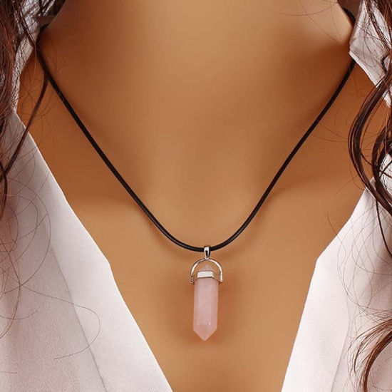 Picture of (Grade B) Natural Rose Quartz Yoga Healing Gemstone Necklace Black PU Cord Pink Pendant 44.5cm(17 4/8") long, 1 Piece