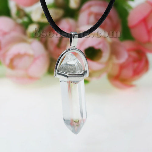 Picture of (Grade B) Natural White Quartz Rock Crystal Yoga Healing Gemstone Necklace Black PU Cord Clear Pendant 45cm(17 6/8") long, 1 Piece