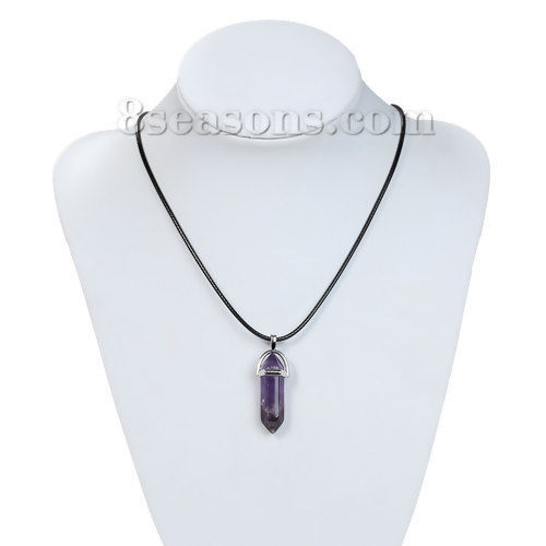 Picture of (Grade B) Natural Amethyst Yoga Healing Gemstone Necklace Black PU Cord Purple Pendant 45.3cm(17 7/8") long, 1 Piece