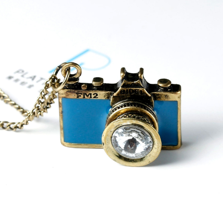 Picture of Zinc Based Alloy & Iron Based Alloy Necklace Antique Bronze Blue Camera Clear Rhinestone Enamel 78.5cm(30 7/8