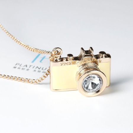 Picture of Zinc Based Alloy & Iron Based Alloy Necklace Gold Plated Pale Yellow Camera Clear Rhinestone Enamel 77cm(30 3/8") long, 1 Piece