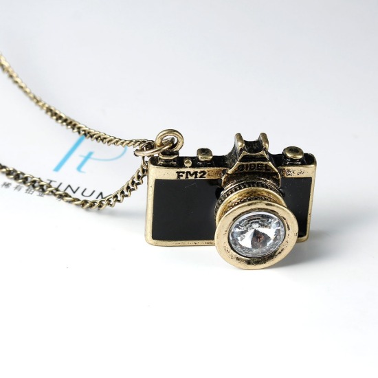 亜鉛合金+合金 ネックレス 金メッキ ジンジャー色 カメラ 透明ラインストーン エナメル 76cm 長さ、 1 本 の画像