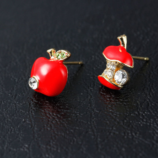 Picture of Ear Post Stud Earrings Gold Plated Red Apple Fruit Clear Rhinestone Enamel 14mm x 11mm 12mm x 10mm, Post/ Wire Size: (21 gauge), 1 Pair