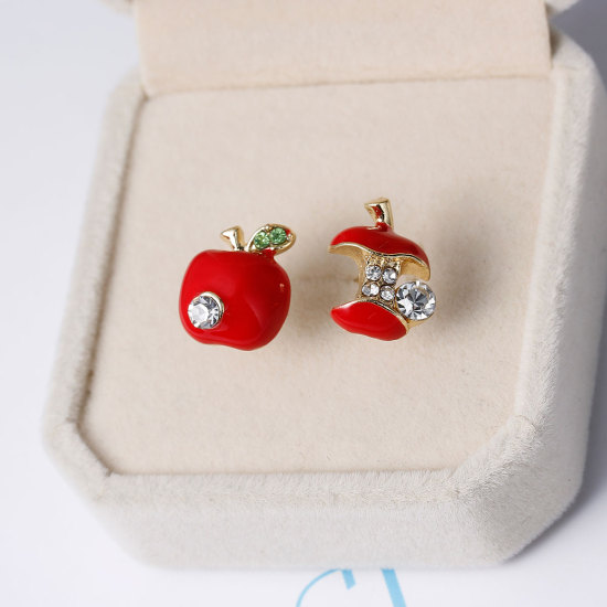 Picture of Ear Post Stud Earrings Gold Plated Red Apple Fruit Clear Rhinestone Enamel 14mm x 11mm 12mm x 10mm, Post/ Wire Size: (21 gauge), 1 Pair