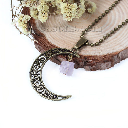 Picture of New Fashion Druzy /Drusy Quartz Crystal Moon Pendant Necklace Ball Chain Antique Bronze Mauve Flower Hollow Carved 51.0cm(20 1/8") long, 1 Piece
