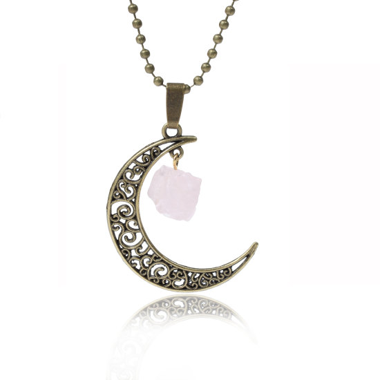 Picture of New Fashion Druzy /Drusy Quartz Crystal Moon Pendant Necklace Ball Chain Antique Bronze Light Pink Flower Hollow Carved 51.0cm(20 1/8") long, 1 Piece